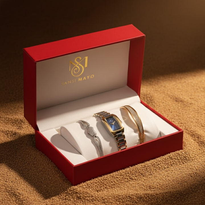 Sansimayo Women’s Rectangle Blue Dial Watch with 2 Bracelet Set – Two Tone Silver Gold