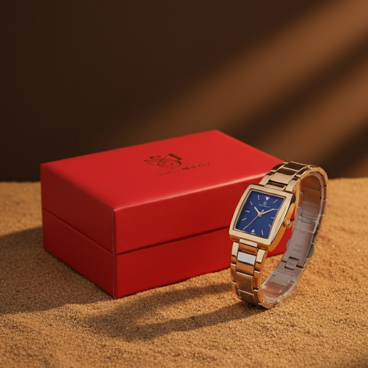 Sansimayo Women’s Rectangle Blue Dial Watch with 2 Bracelet Set – Two Tone Silver Gold