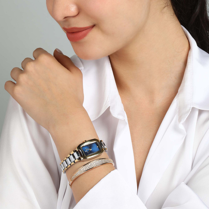 Sansimayo Women’s Rectangle Blue Dial Watch with 2 Bracelet Set – Two Tone Silver Gold