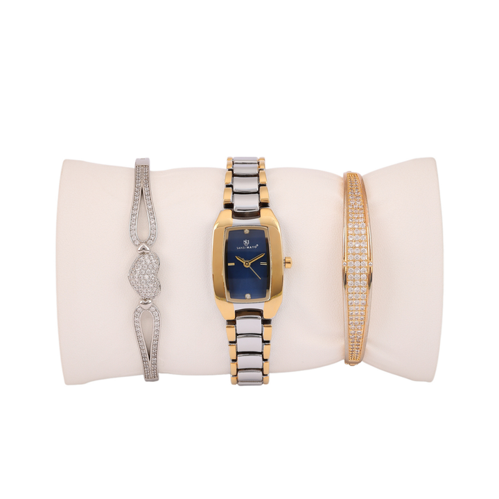 Sansimayo Women’s Rectangle Blue Dial Watch with 2 Bracelet Set – Two Tone Silver Gold