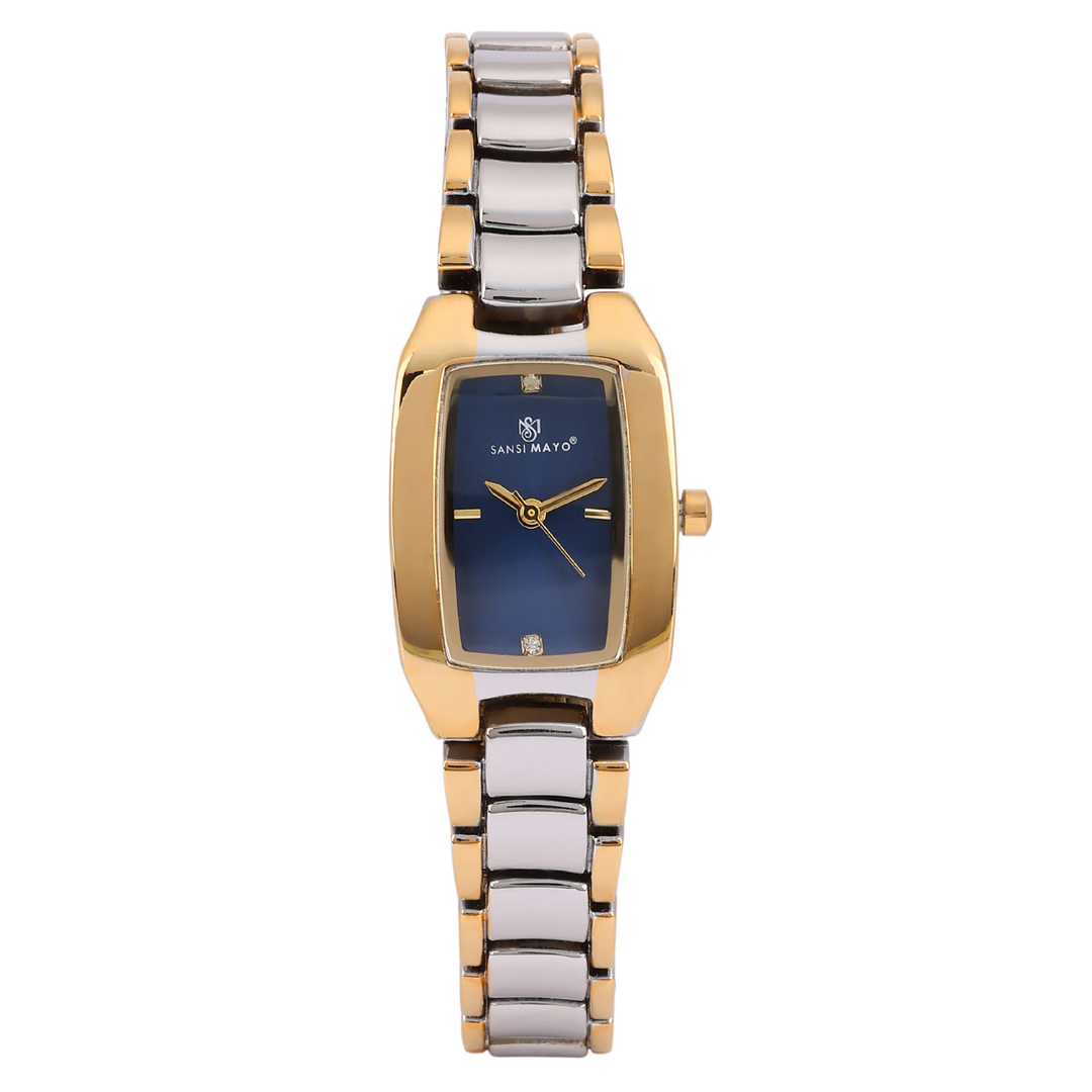 Sansimayo Women’s Rectangle Blue Dial Watch with 2 Bracelet Set – Two Tone Silver Gold