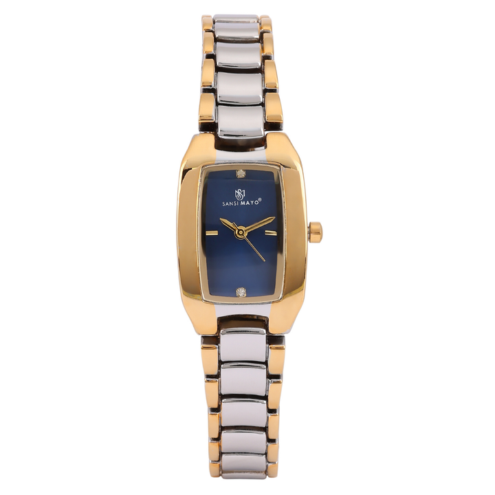 Sansimayo Women’s Rectangle Blue Dial Watch with 2 Bracelet Set – Two Tone Silver Gold