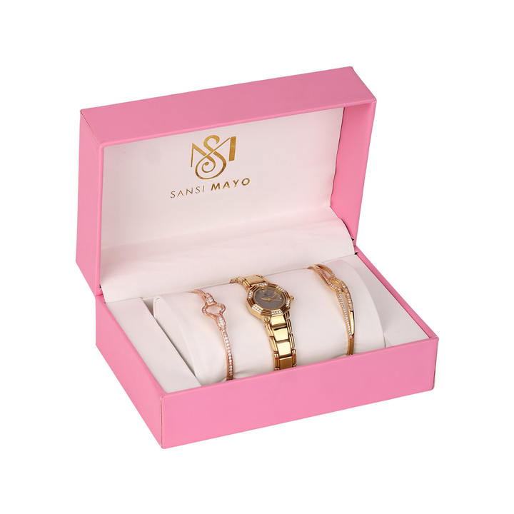 Sansimayo Women’s Round Grey Dial Watch with 2 Bracelet Set – Gold
