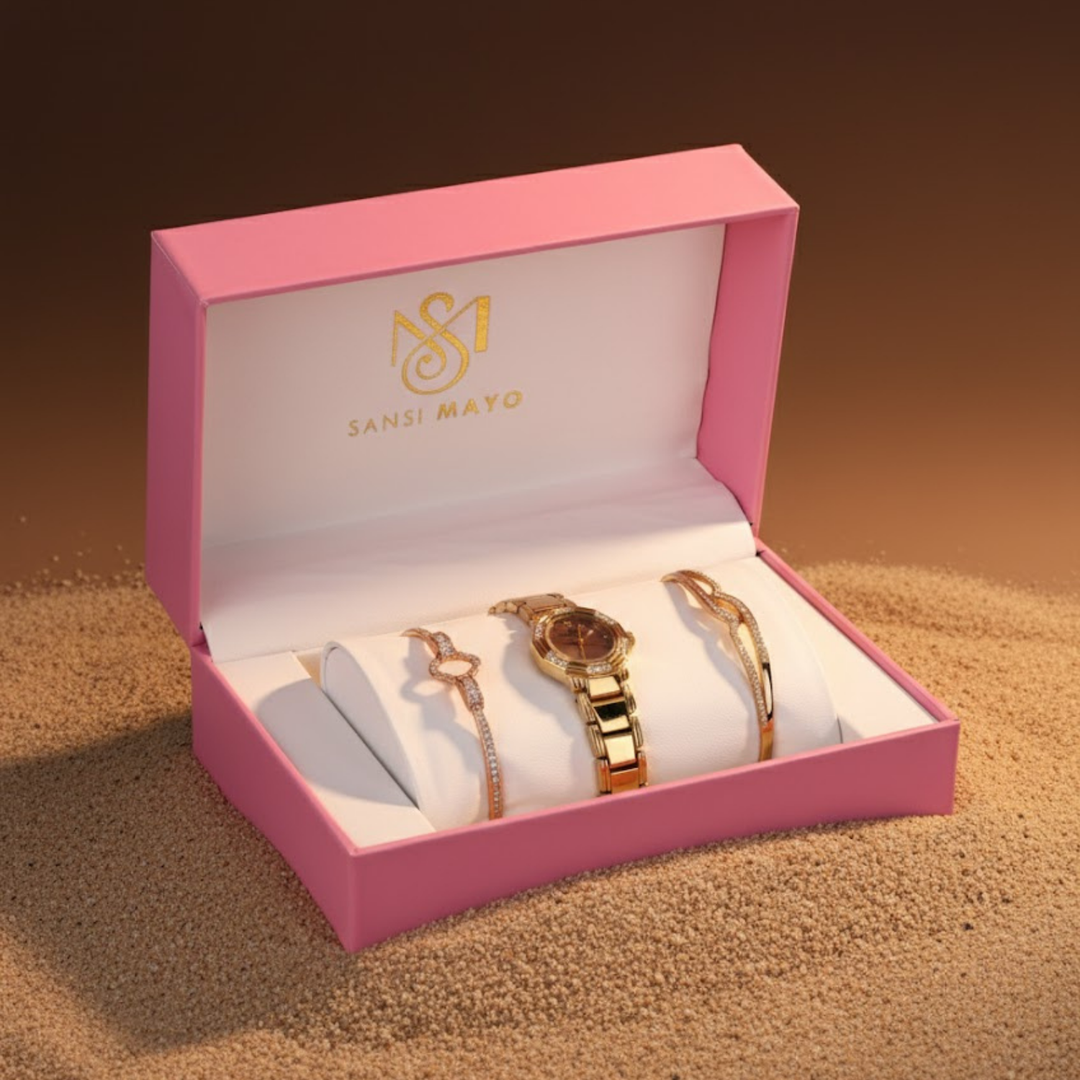 Sansimayo Women’s Round Grey Dial Watch with 2 Bracelet Set – Gold