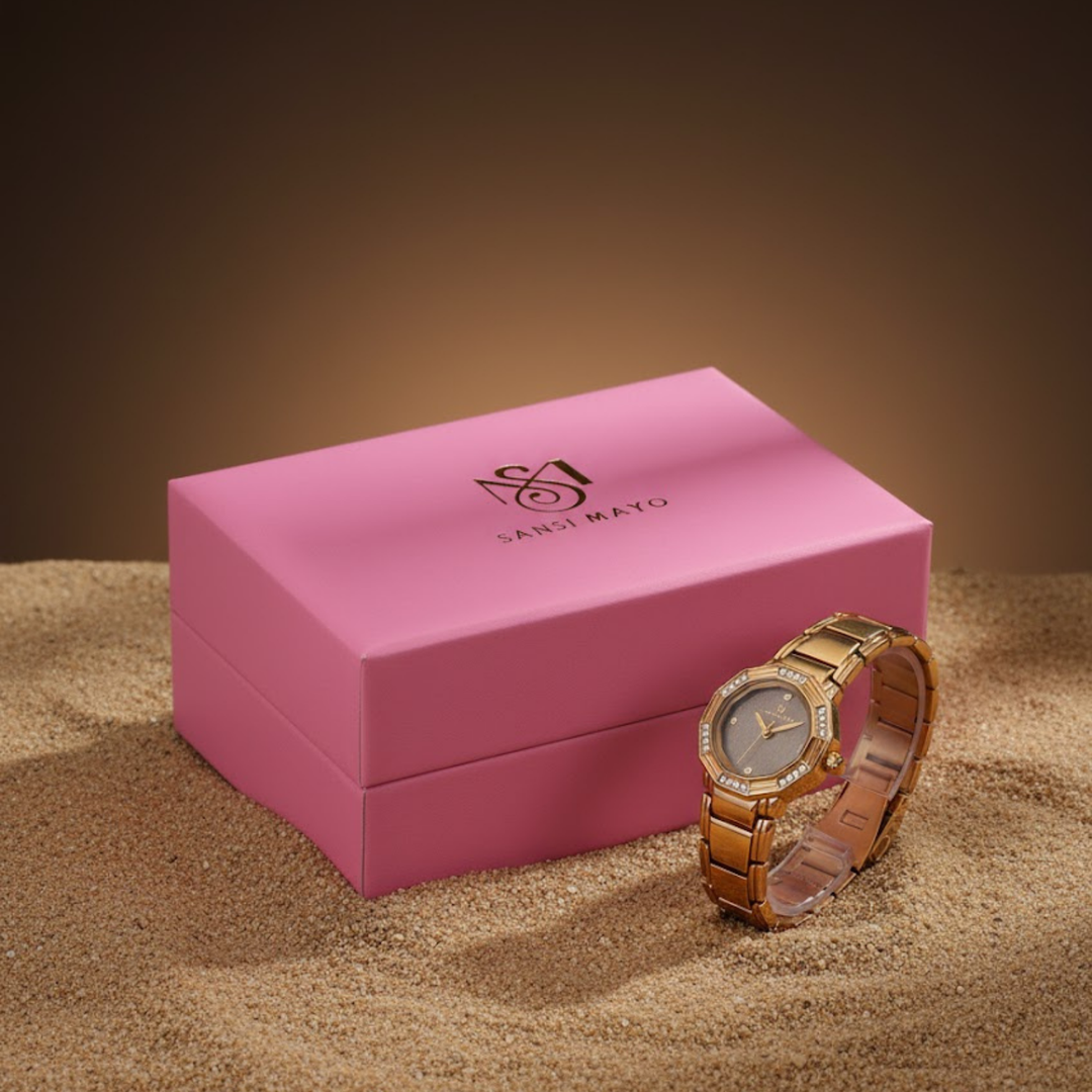 Sansimayo Women’s Round Grey Dial Watch with 2 Bracelet Set – Gold