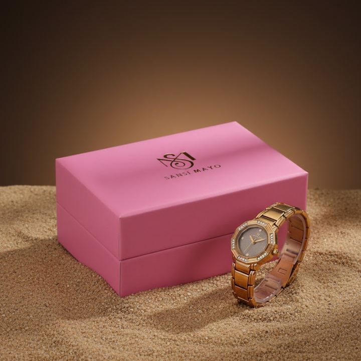 Sansimayo Women’s Round Grey Dial Watch with 2 Bracelet Set – Gold