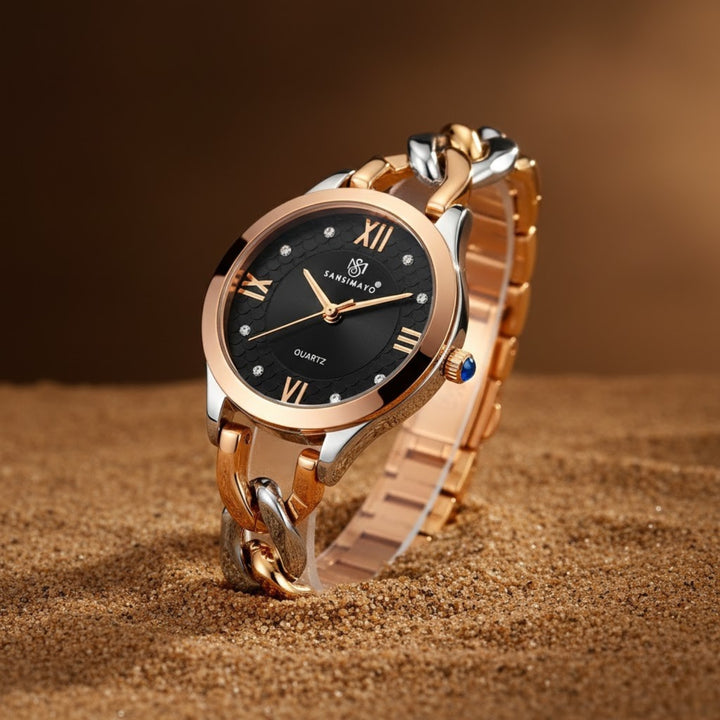 Zeenat Two Tone Silver Gold Black Dial Quartz Watch