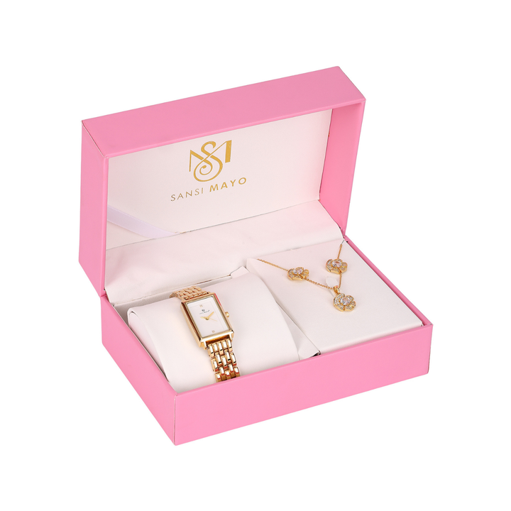 Sansi Mayo Women’s Watch & Jewellery Gift Set — Rose Gold with White Dial & Egyptian Stone
