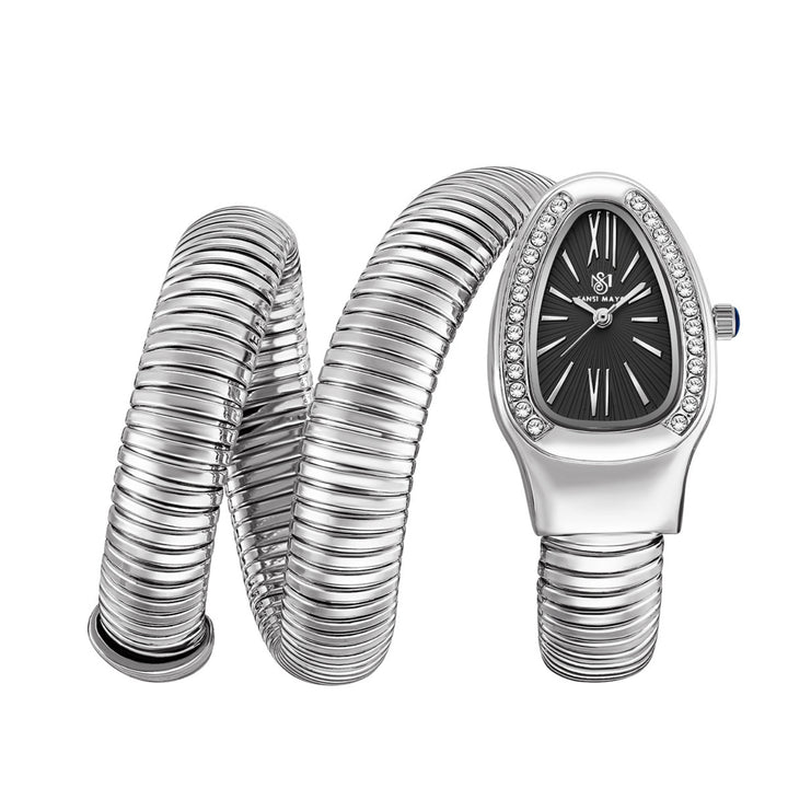 Snake 2.0 Silver Coil Bracelet Watch — Black Dial | Sansi Mayo