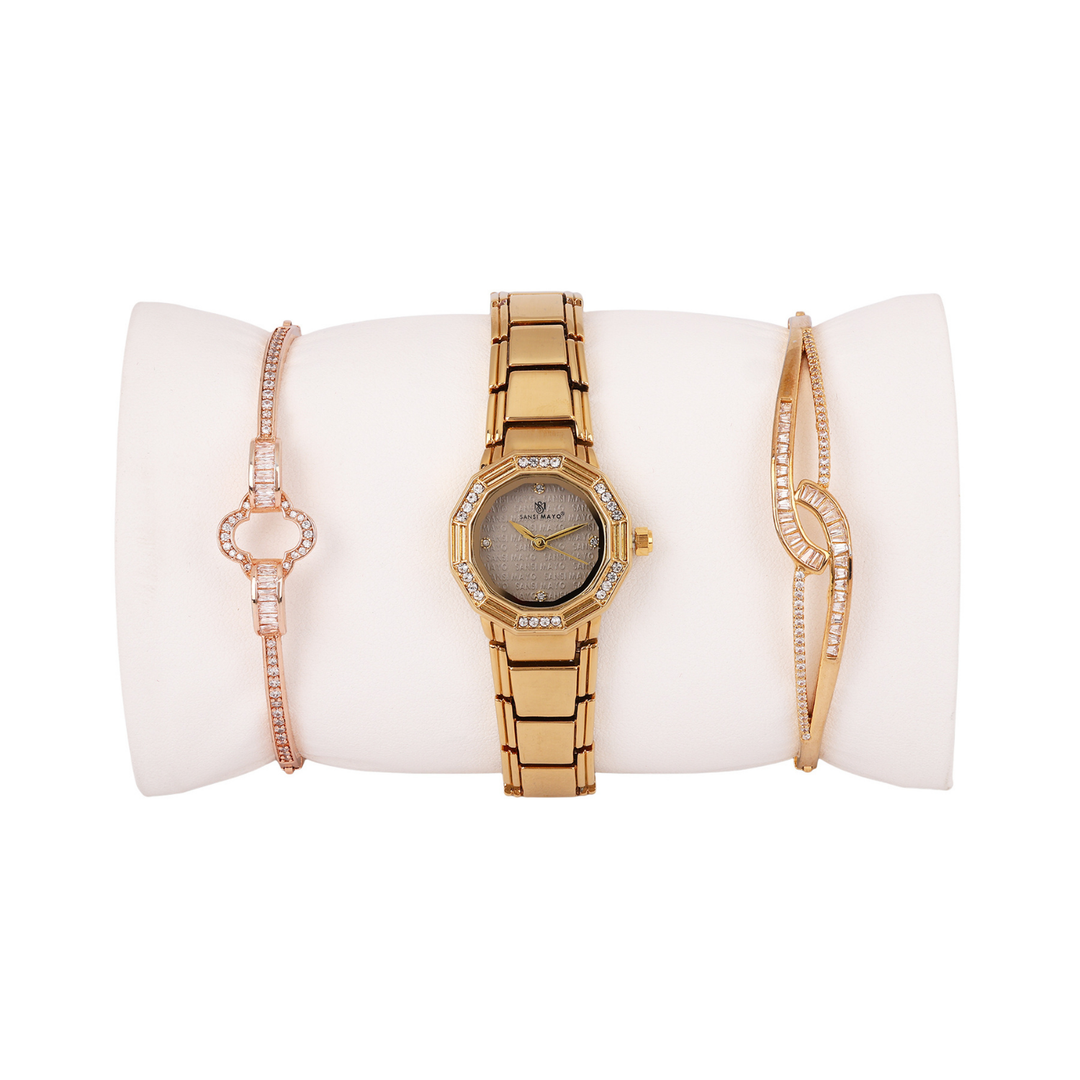 Sansimayo Women’s Round Grey Dial Watch with 2 Bracelet Set – Gold