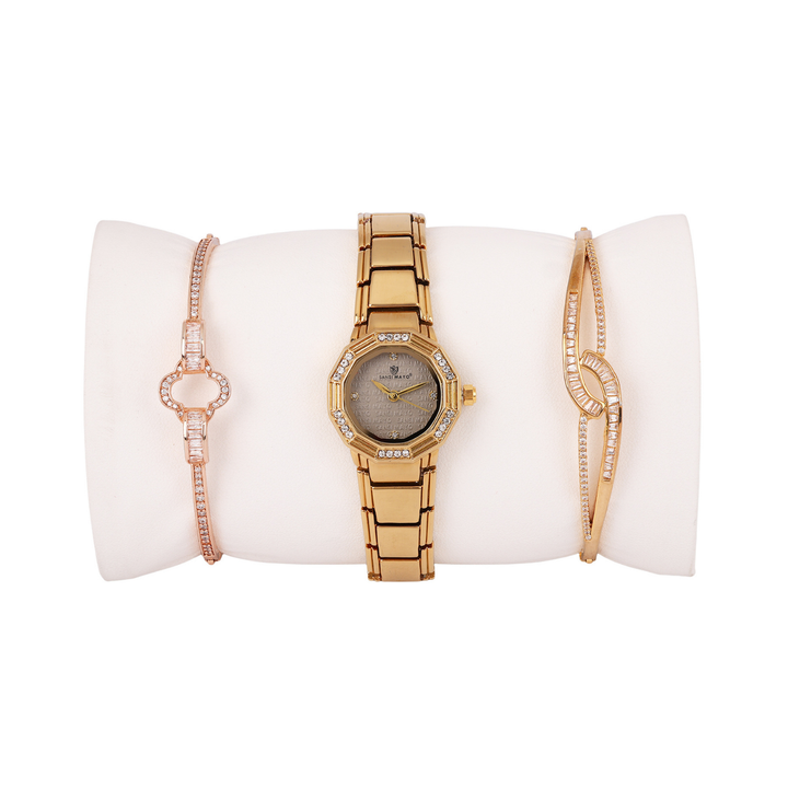 Sansimayo Women’s Round Grey Dial Watch with 2 Bracelet Set – Gold
