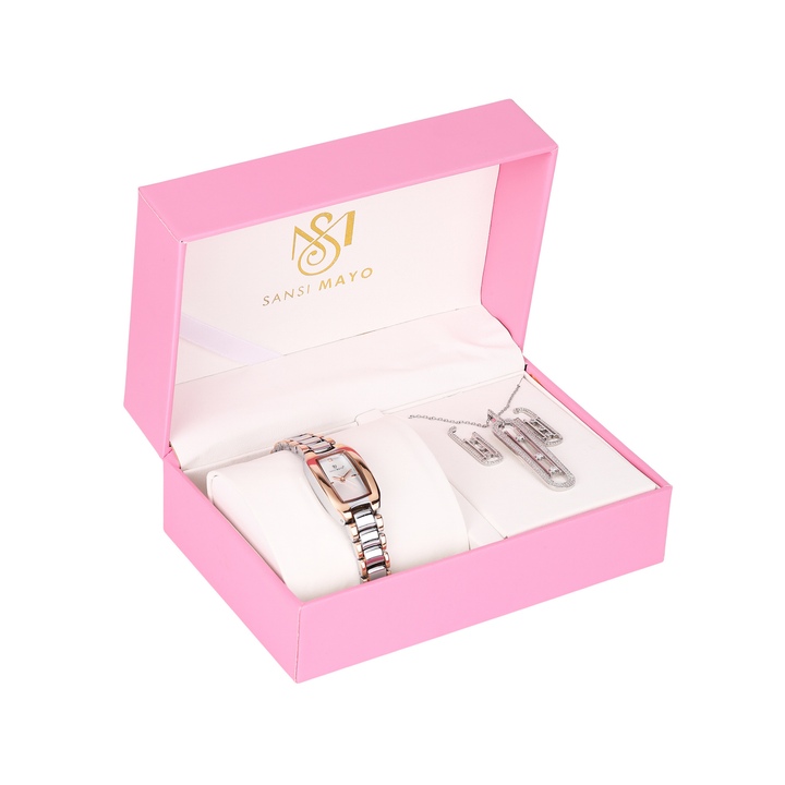 Sansi Mayo Women’s Watch & Jewellery Gift Set — Silver Rose Gold with Egyptian Stone