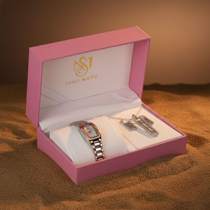 Sansi Mayo Women’s Watch & Jewellery Gift Set — Silver Rose Gold with Egyptian Stone