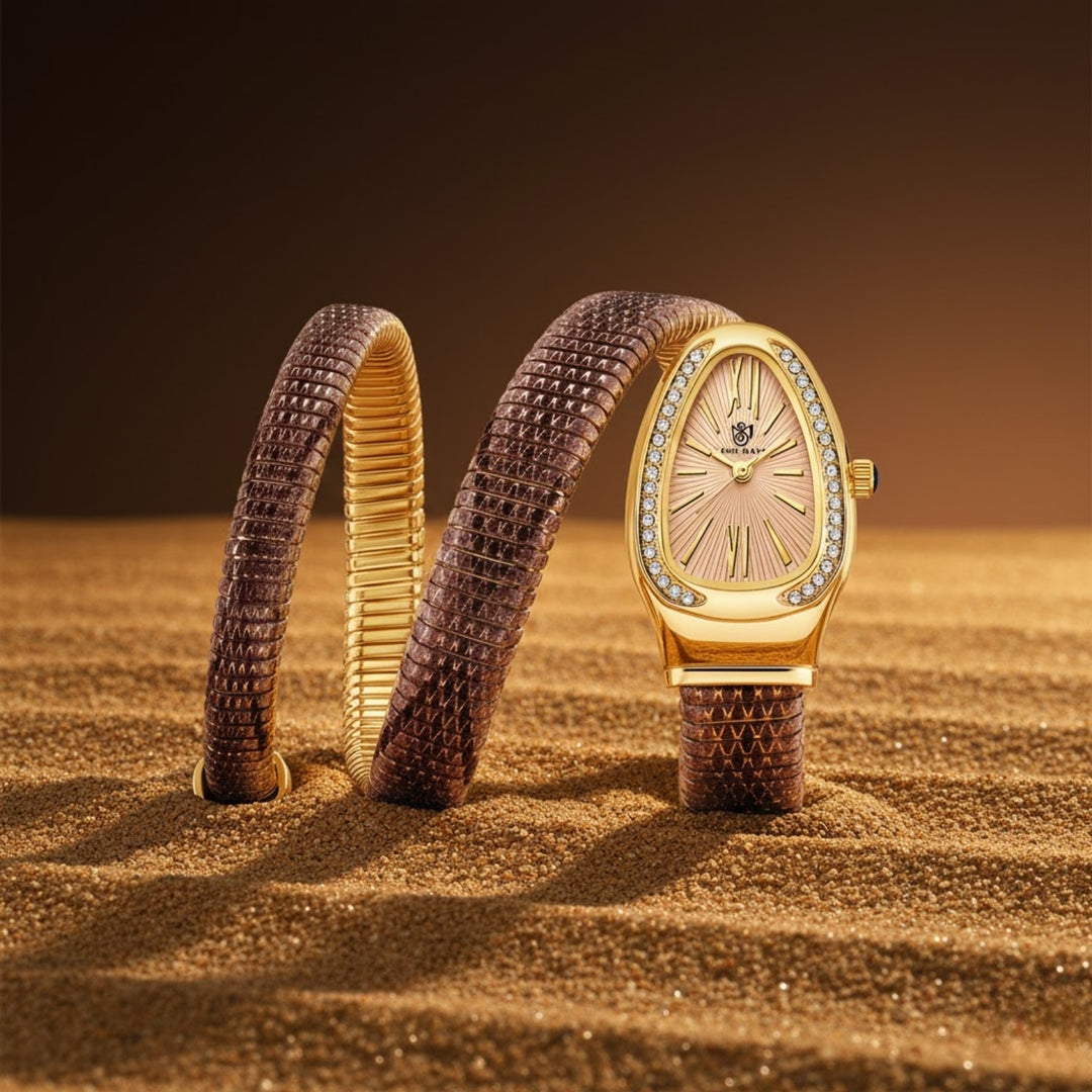 Koil Snake Two-Tone Gold Pink Black Bracelet Watch — Pink Dial | Sansi Mayo