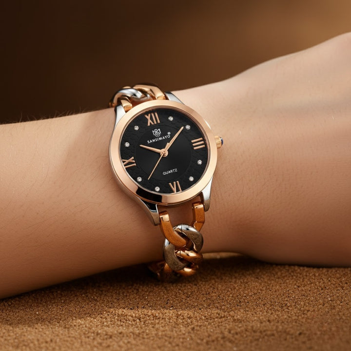 Zeenat Two Tone Silver Gold Black Dial Quartz Watch