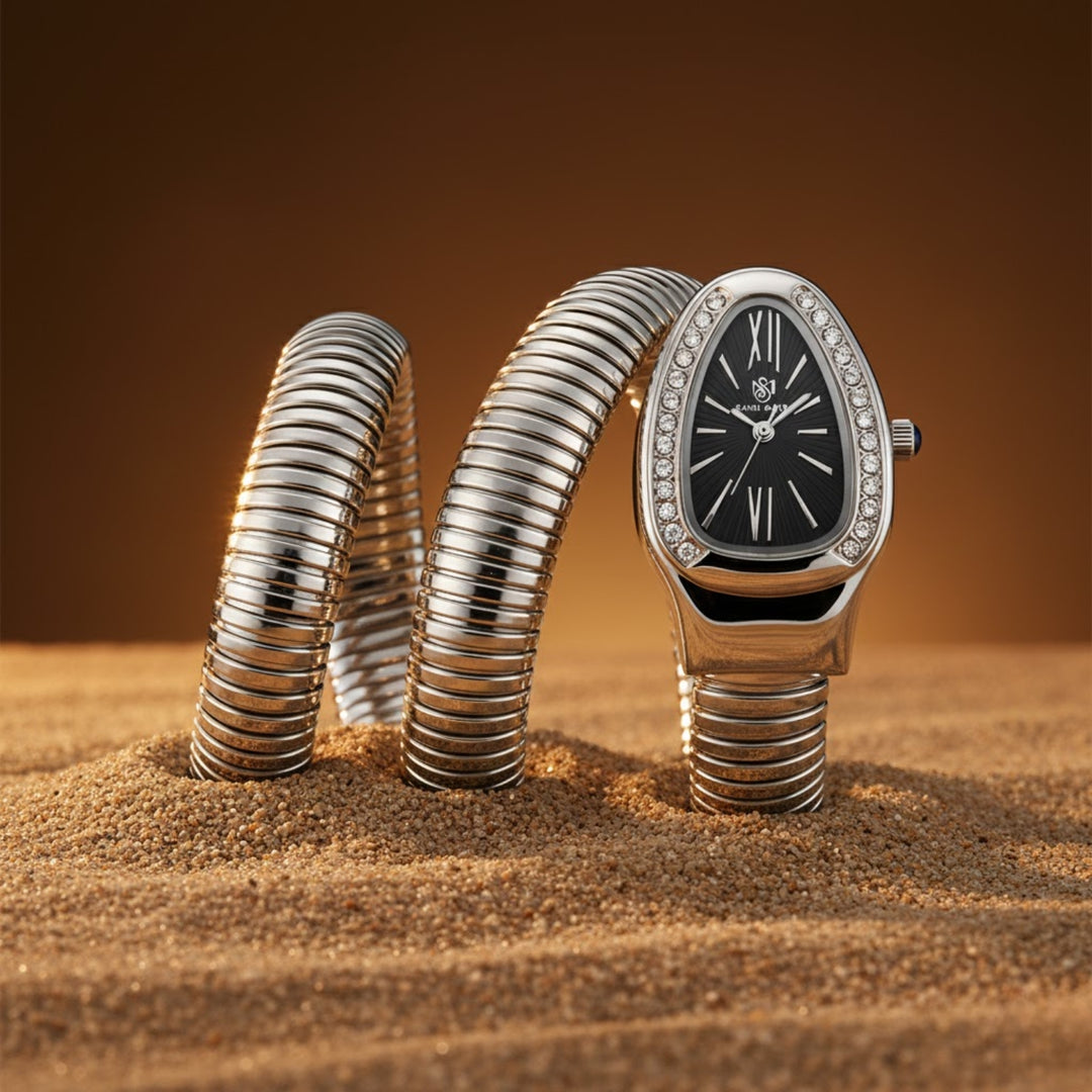 Snake 2.0 Silver Coil Bracelet Watch — Black Dial | Sansi Mayo