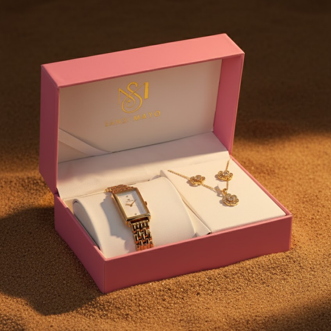 Sansi Mayo Women’s Watch & Jewellery Gift Set — Rose Gold with White Dial & Egyptian Stone