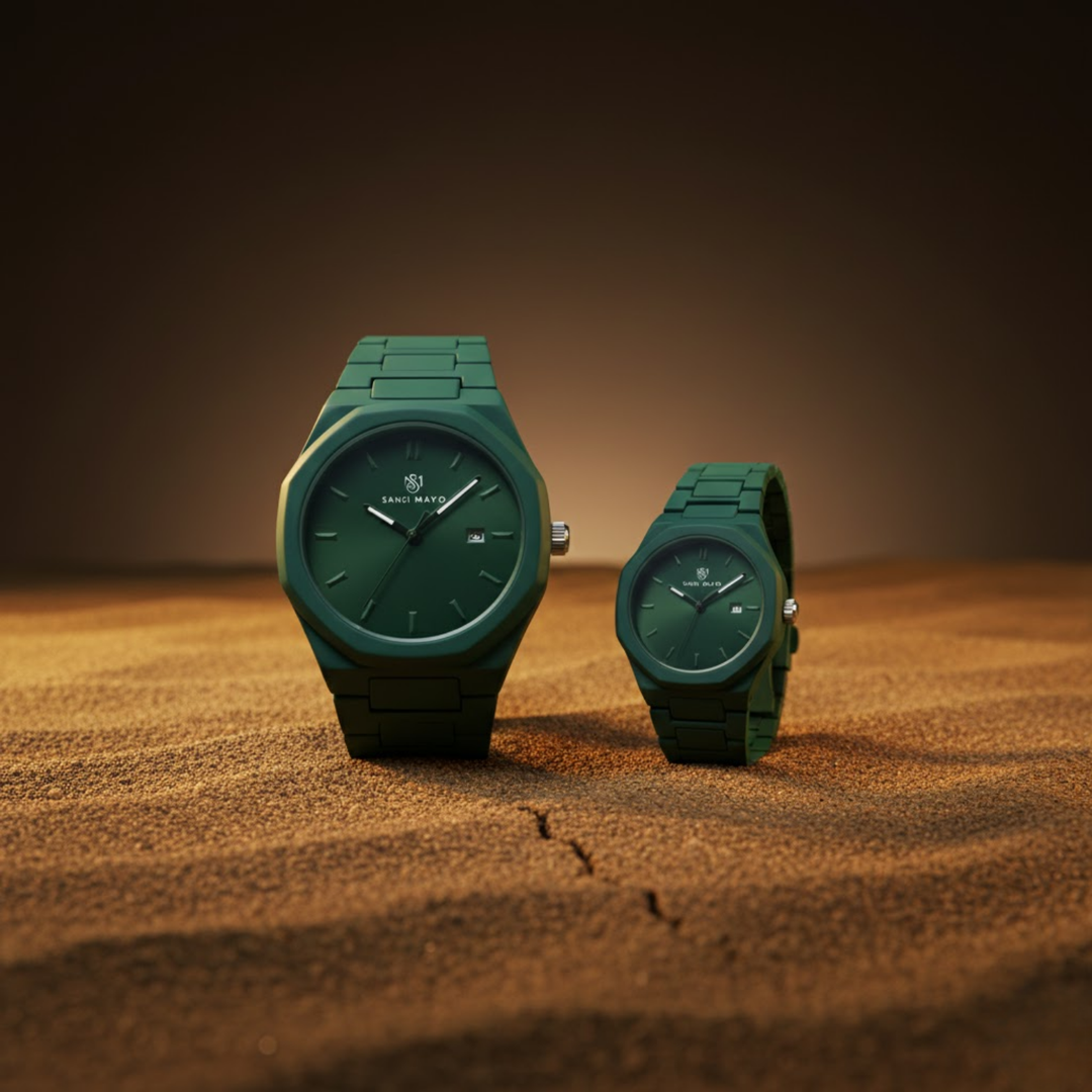 Couple Green Aura Wrist Watch Set