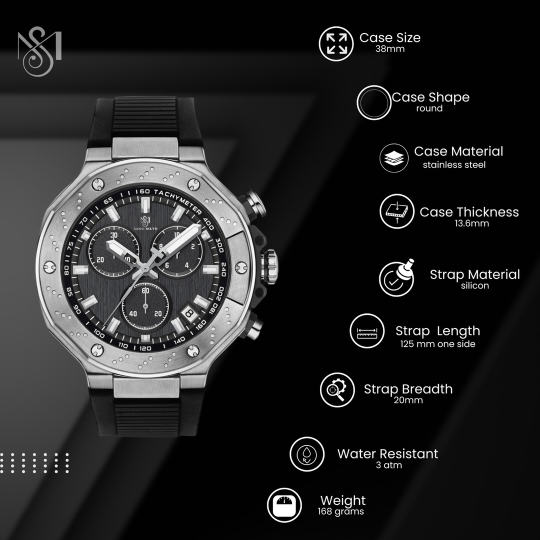 Romano Black Dial Men’s Watch — Silver Case with Black Silicone Strap