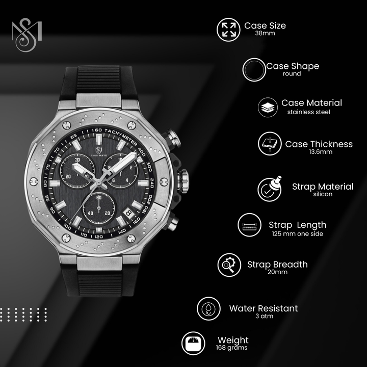 Romano Black Dial Men’s Watch — Silver Case with Black Silicone Strap
