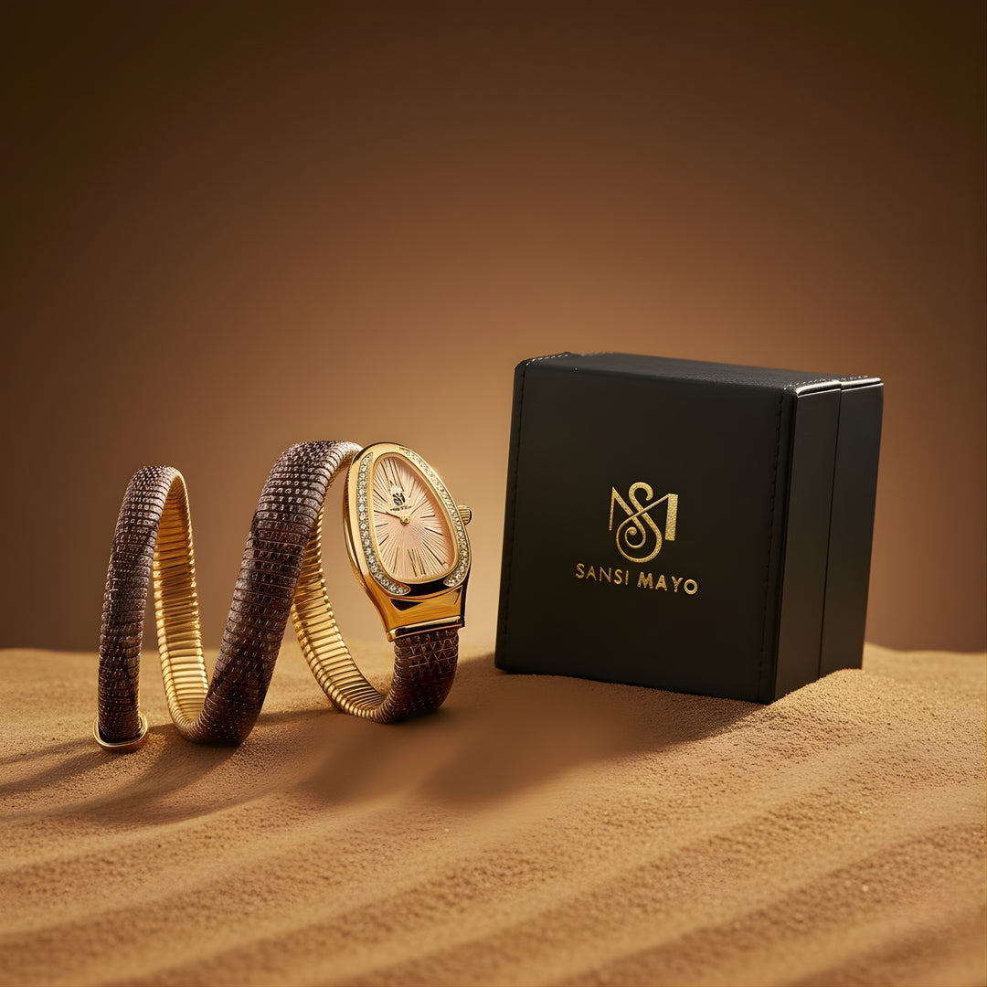 Koil Snake Two-Tone Gold Pink Black Bracelet Watch — Pink Dial | Sansi Mayo