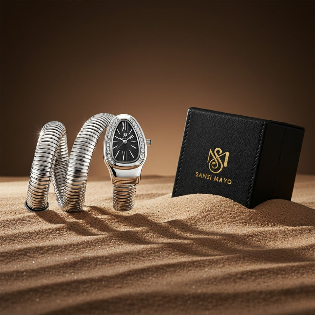 Snake 2.0 Silver Coil Bracelet Watch — Black Dial | Sansi Mayo