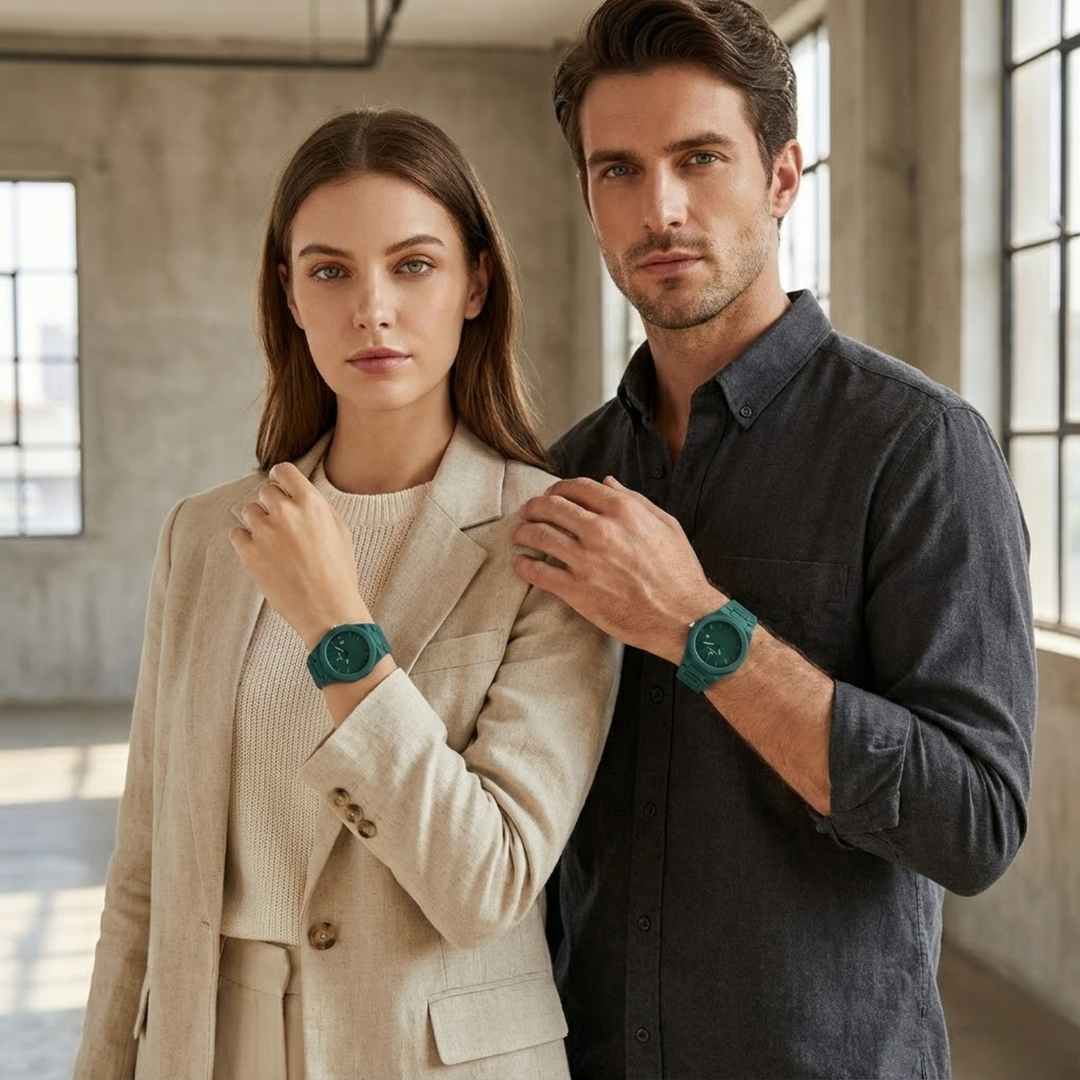 Couple Green Aura Wrist Watch Set