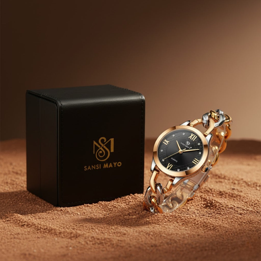 Zeenat Two Tone Silver Gold Black Dial Quartz Watch