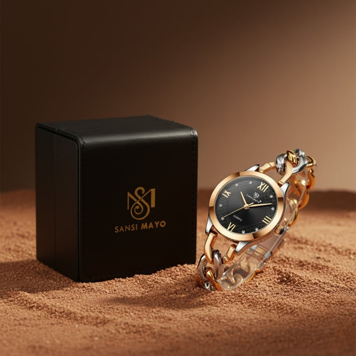 Zeenat Two Tone Silver Gold Black Dial Quartz Watch