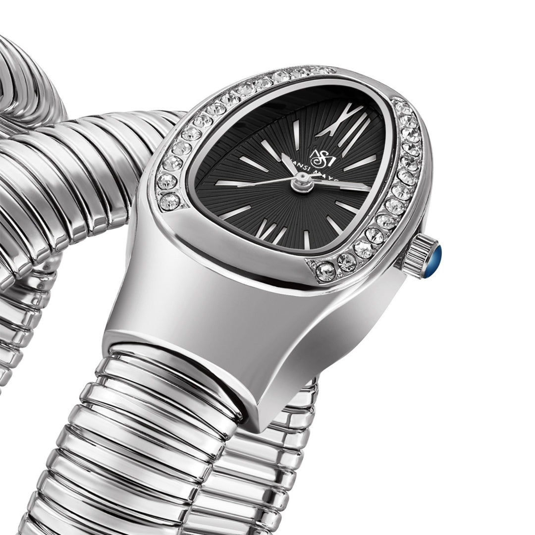 Snake 2.0 Silver Coil Bracelet Watch — Black Dial | Sansi Mayo