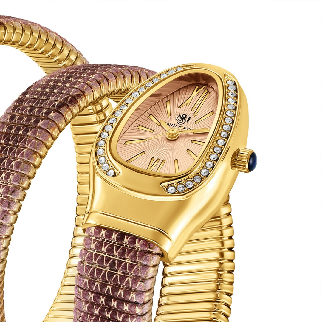 Koil Snake Two-Tone Gold Pink Black Bracelet Watch — Pink Dial | Sansi Mayo