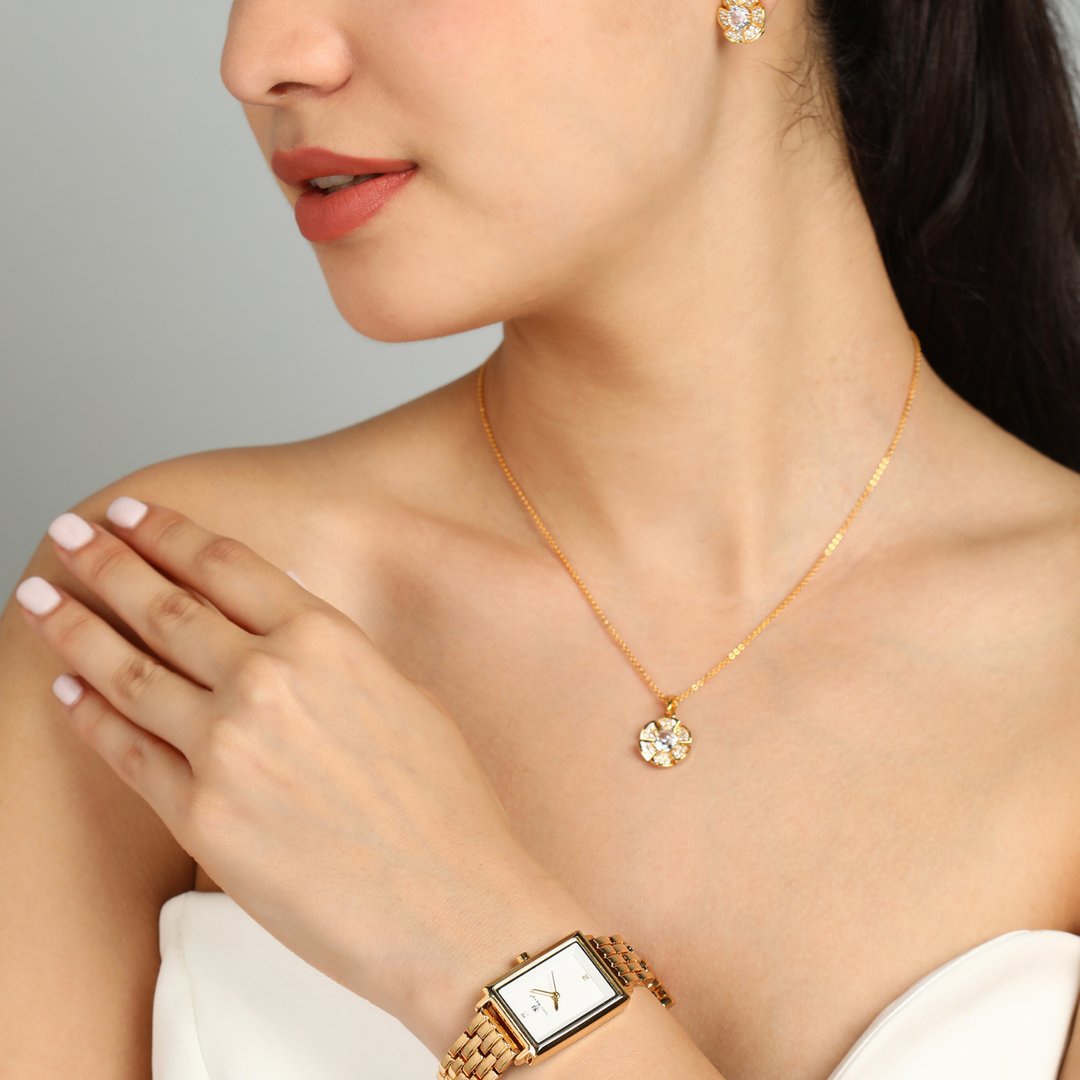 Sansi Mayo Women’s Watch & Jewellery Gift Set — Rose Gold with White Dial & Egyptian Stone