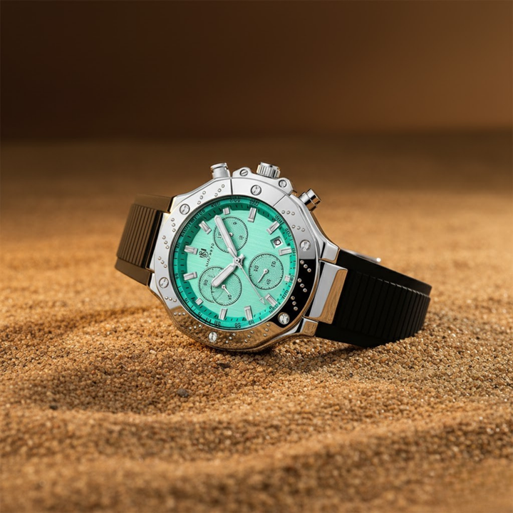 Romano Teal Dial Men’s Watch – Silver Case & Black Silicone Strap