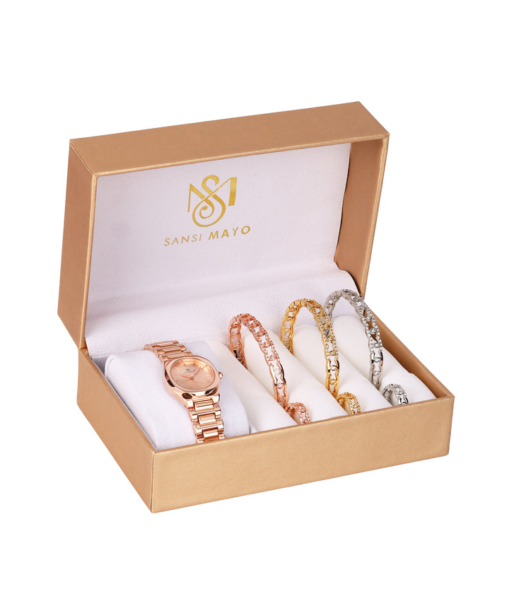 Sansimayo Women’s Rose Gold Watch with Bangle & Ring Set – Crystal Egyptian Stone