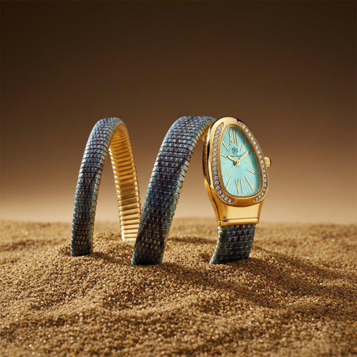 Koil Snake Two-Tone Gold Black Blue Bracelet Watch — Sky Blue Dial | Sansi Mayo