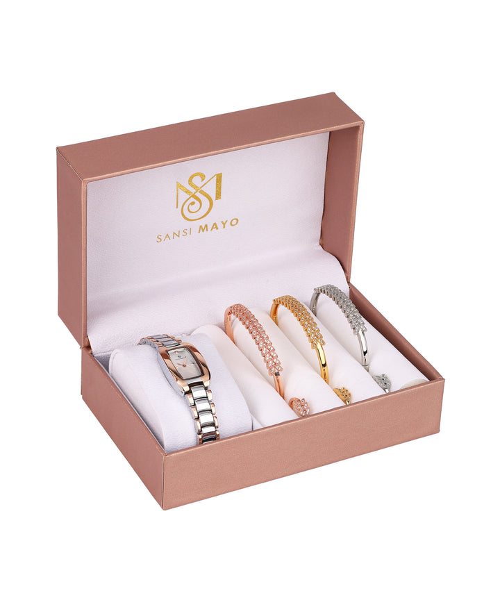 Sansimayo Women’s White Dial Watch with Bangle & Ring Set – Two Tone Silver Gold
