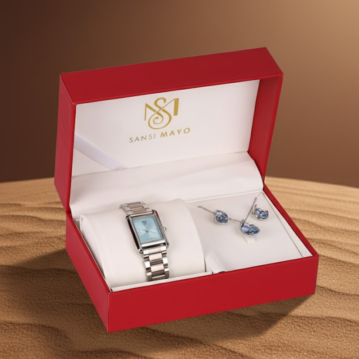 Sansi Mayo Women’s Watch & Jewellery Gift Set — Silver with Sky Blue Dial & Egyptian Stone