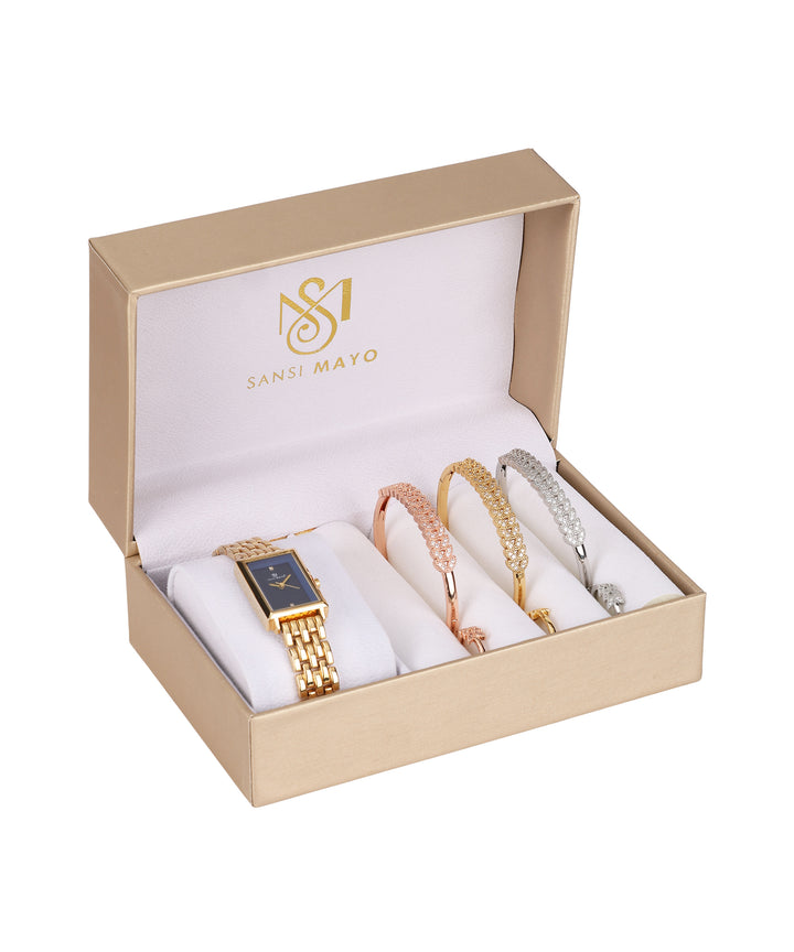 Sansi Mayo Women’s Watch, Bangle & Ring Gift Set — Gold Stainless Steel with Blue Dial & Crystal Egyptian Stone