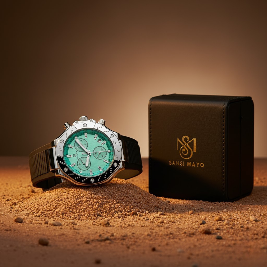 Romano Teal Dial Men’s Watch – Silver Case & Black Silicone Strap