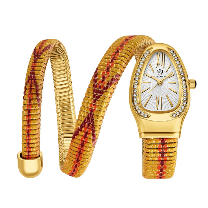 Koil Snake Two-Tone Gold Red Maroon Bracelet Watch — White Dial | Sansi Mayo