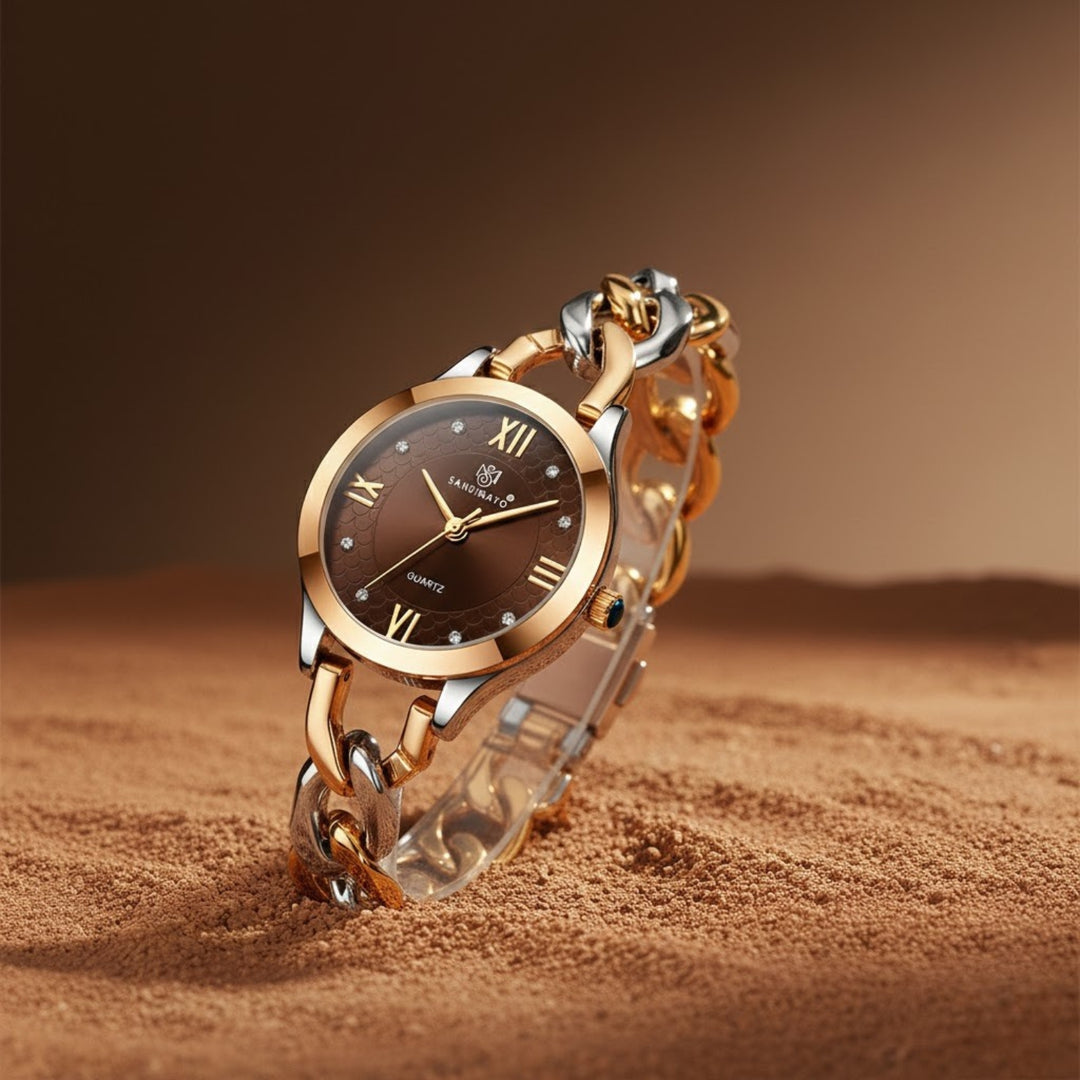 Zeenat Two Tone Silver Gold Brown Dial Quartz Watch