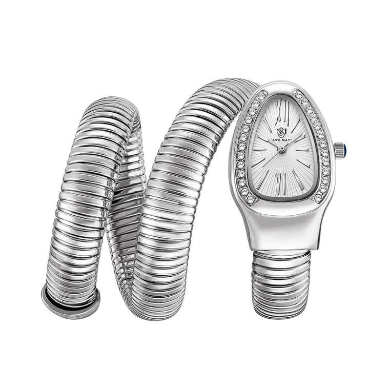 Snake 2.0 Silver Coil Bracelet Watch — White Dial | Sansi Mayo