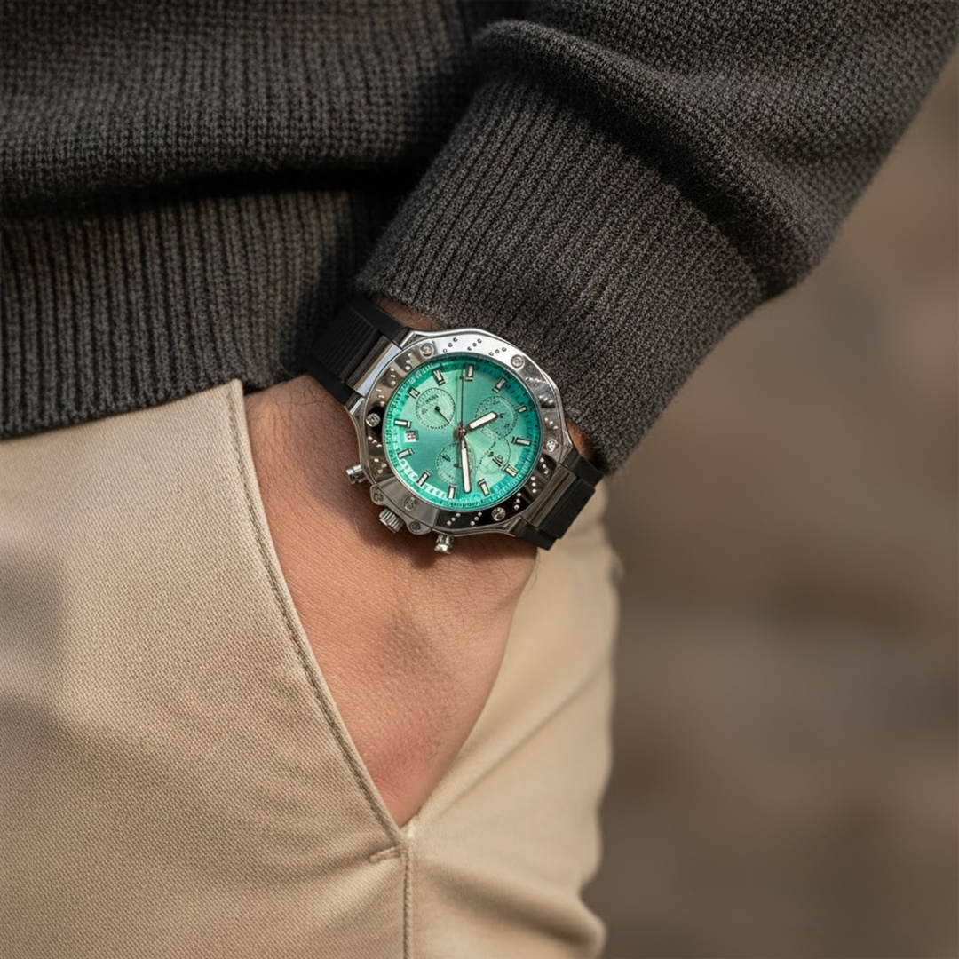 Romano Teal Dial Men’s Watch – Silver Case & Black Silicone Strap