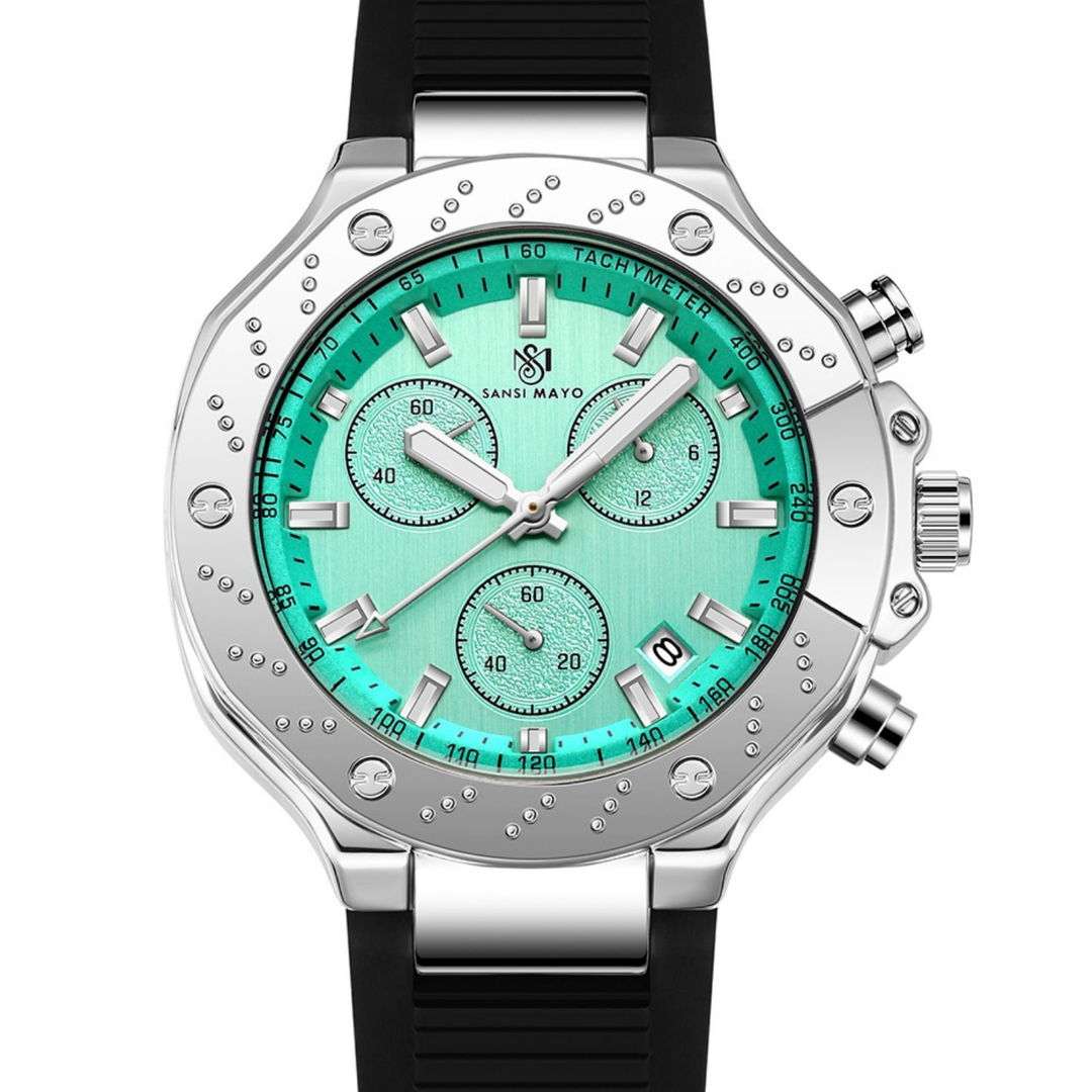 Romano Teal Dial Men’s Watch – Silver Case & Black Silicone Strap