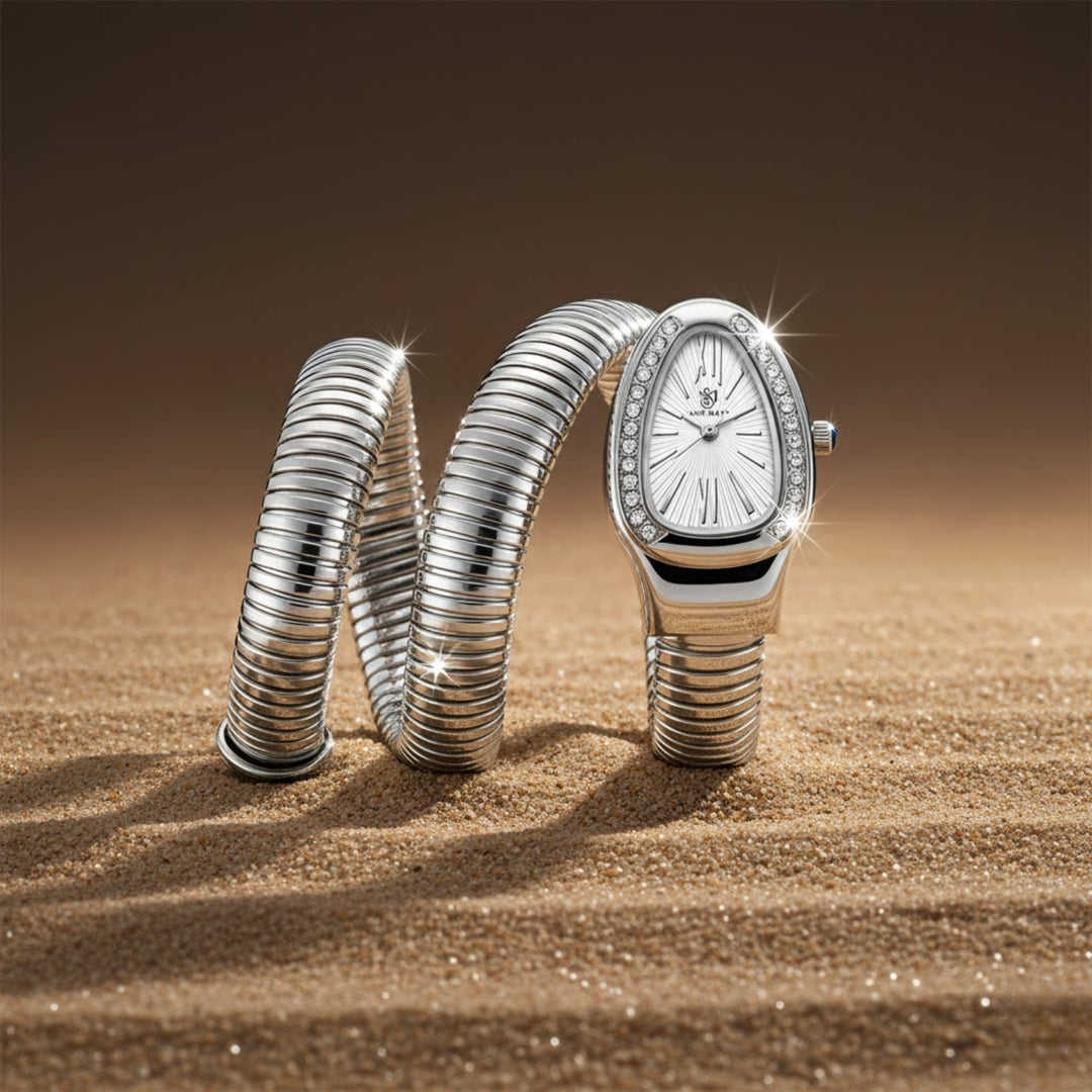 Snake 2.0 Silver Coil Bracelet Watch — White Dial | Sansi Mayo