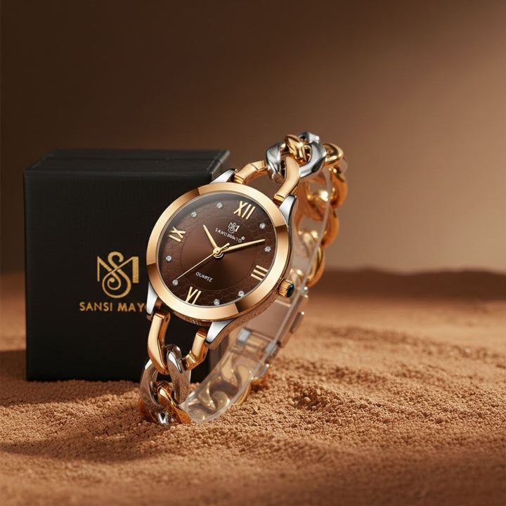 Zeenat Two Tone Silver Gold Brown Dial Quartz Watch