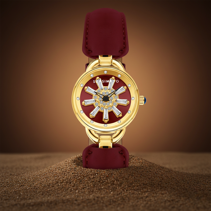 Aurora Women Dynamic Rotating Dial Watch Ð Maroon Gold Edition