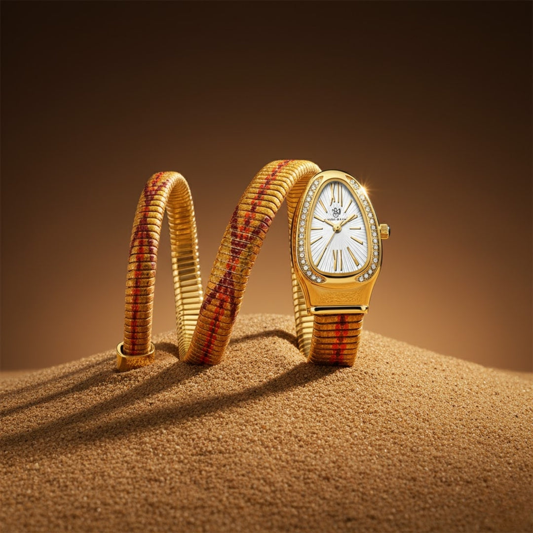 Koil Snake Two-Tone Gold Red Maroon Bracelet Watch — White Dial | Sansi Mayo