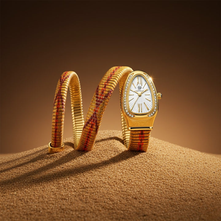 Koil Snake Two-Tone Gold Red Maroon Bracelet Watch — White Dial | Sansi Mayo