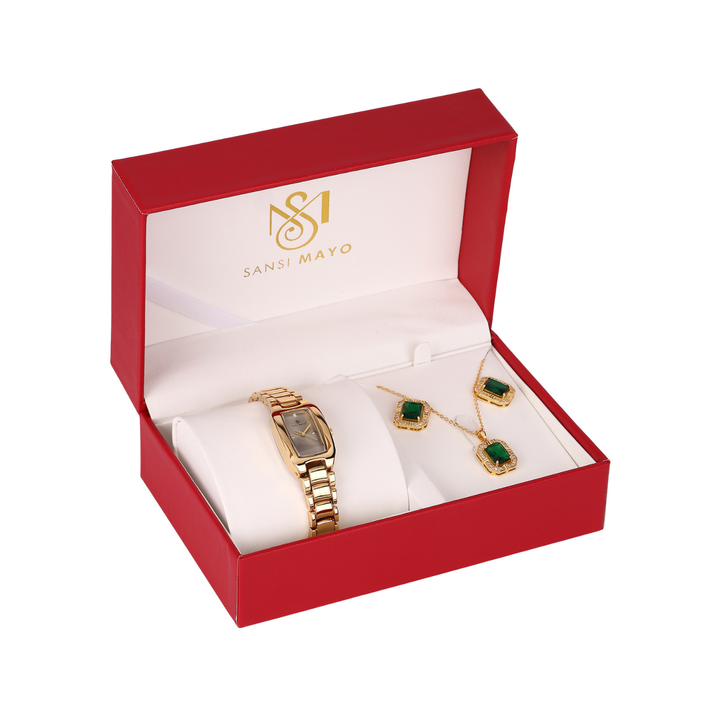 Sansi Mayo Women’s Watch & Jewellery Gift Set — Gold with Grey Dial & Egyptian Stone